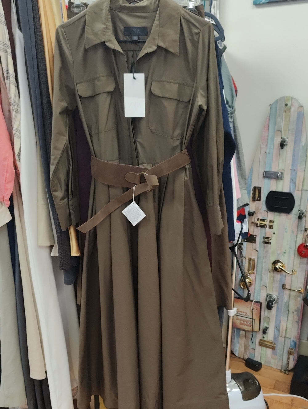 Zara Brown Long-Sleeve Belted Shirt Dress